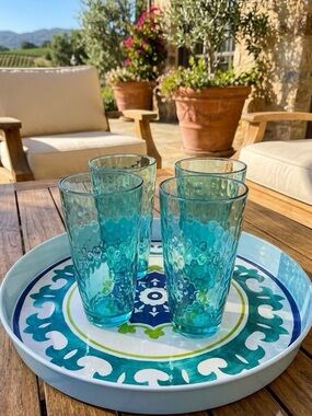 Blue Textured Glass Tumbler Set with tray